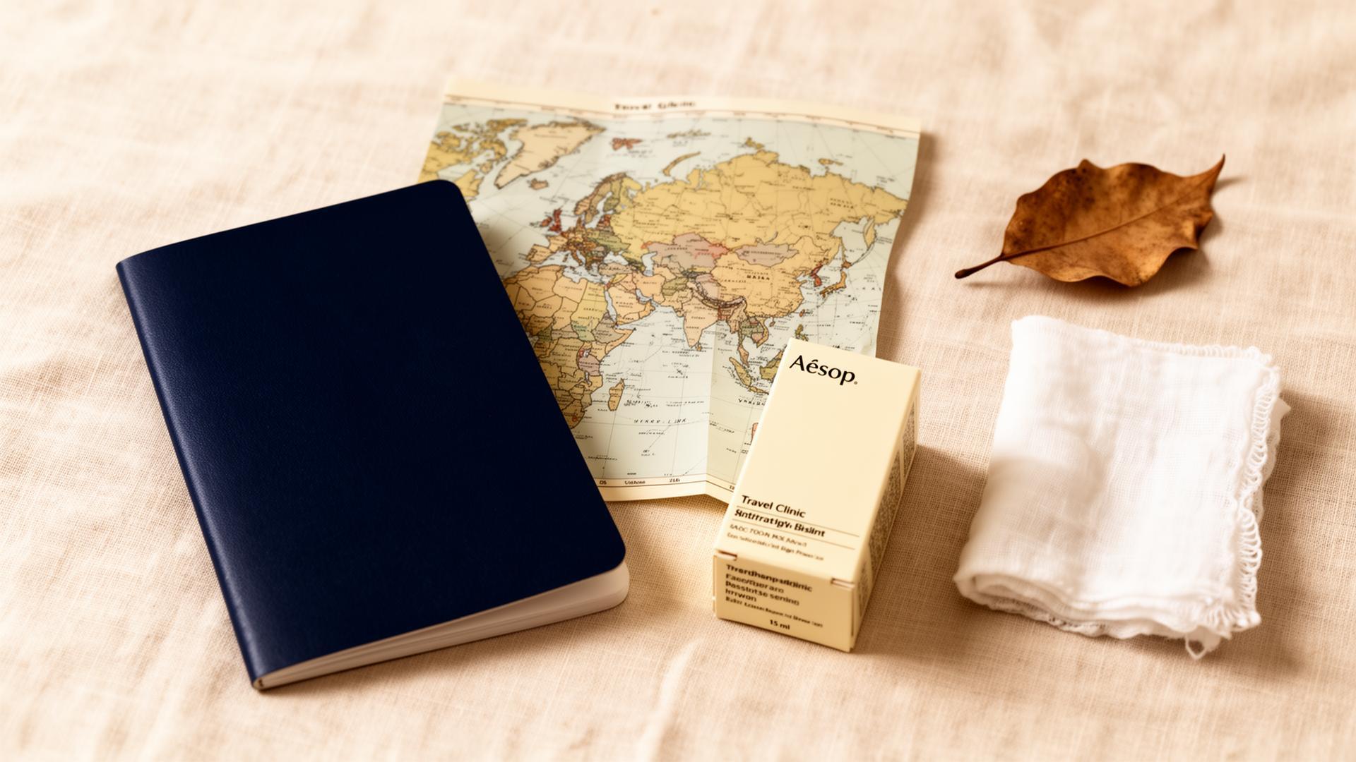 Passport, world map, compass and travel essentials on a warm cream surface